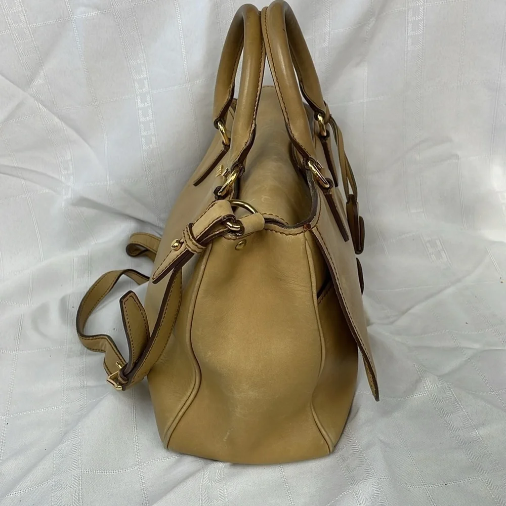 Miu Miu Vitello Leather Flap 2 Way Handbag Satchel Beige
